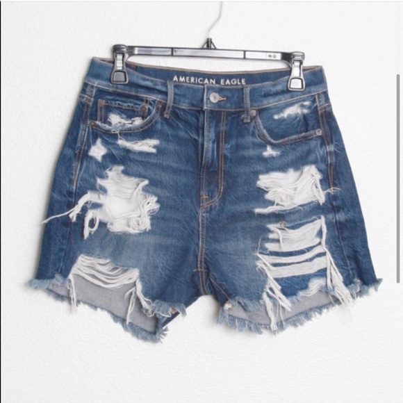 American Eagle 90’s Boyfriend Ripped Destroyed High Rise Dark Wash Shorts - Picture 5 of 8